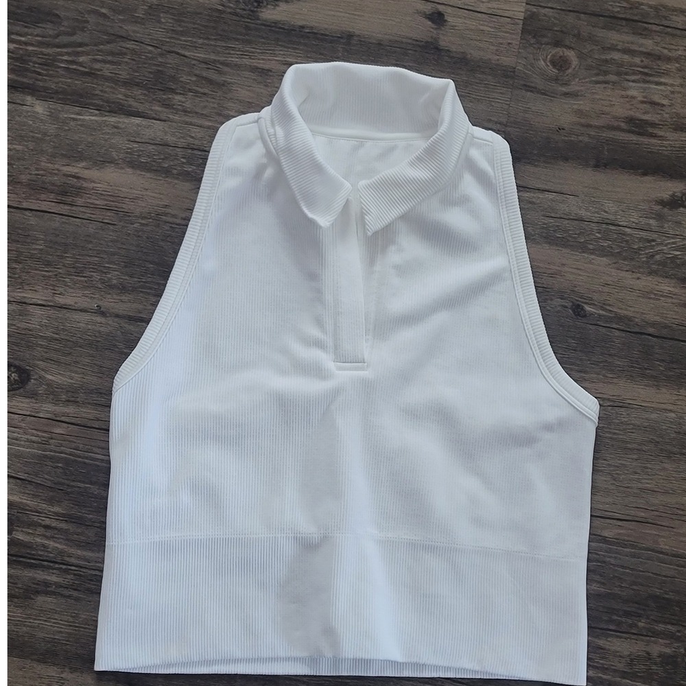 Athleta White Ribbed Sleeveless Polo Tank